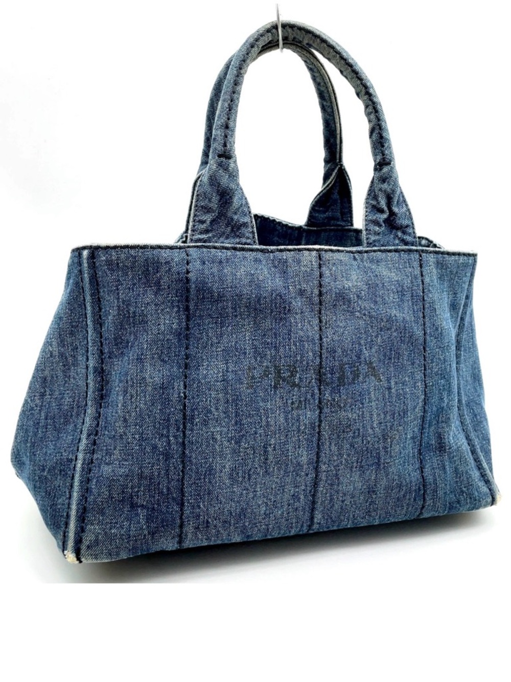 Prada Canapa Triangle Logo Denim Tote Bag Blue Canvas Handbag Small - Picture 3 of 16